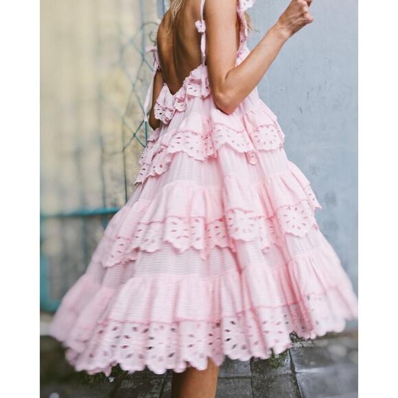 Innika Choo Schiffli Frill Mini Dress 3 US Size 12 Pink Eyelet Lace - Picture 2 of 12